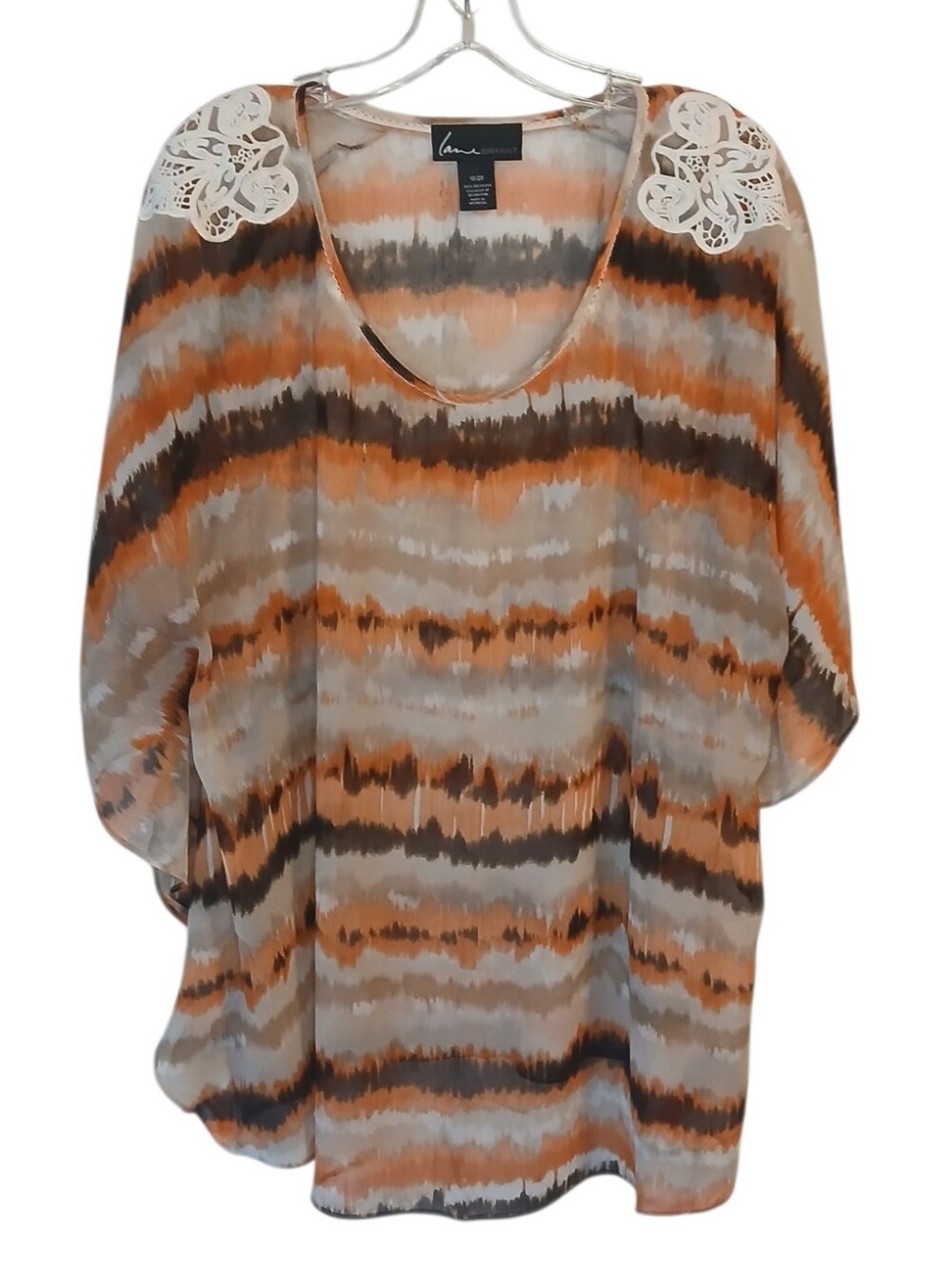 Lane Bryant Sheer Orange, Brown & Cream Lace-Trim Top Size 18/20